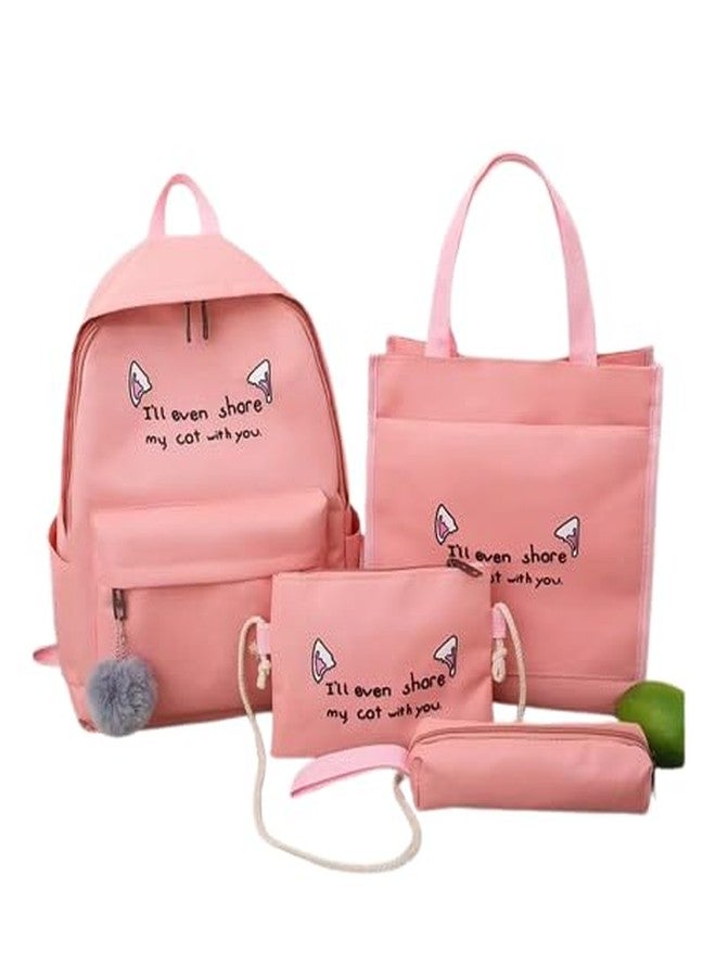 junelux Fashion Trend Girl Backpack School Bag | Student Backpack Set Cute Pink College 4-Piece Set Canvas Polyester Cartoon (Pink) - Image 2